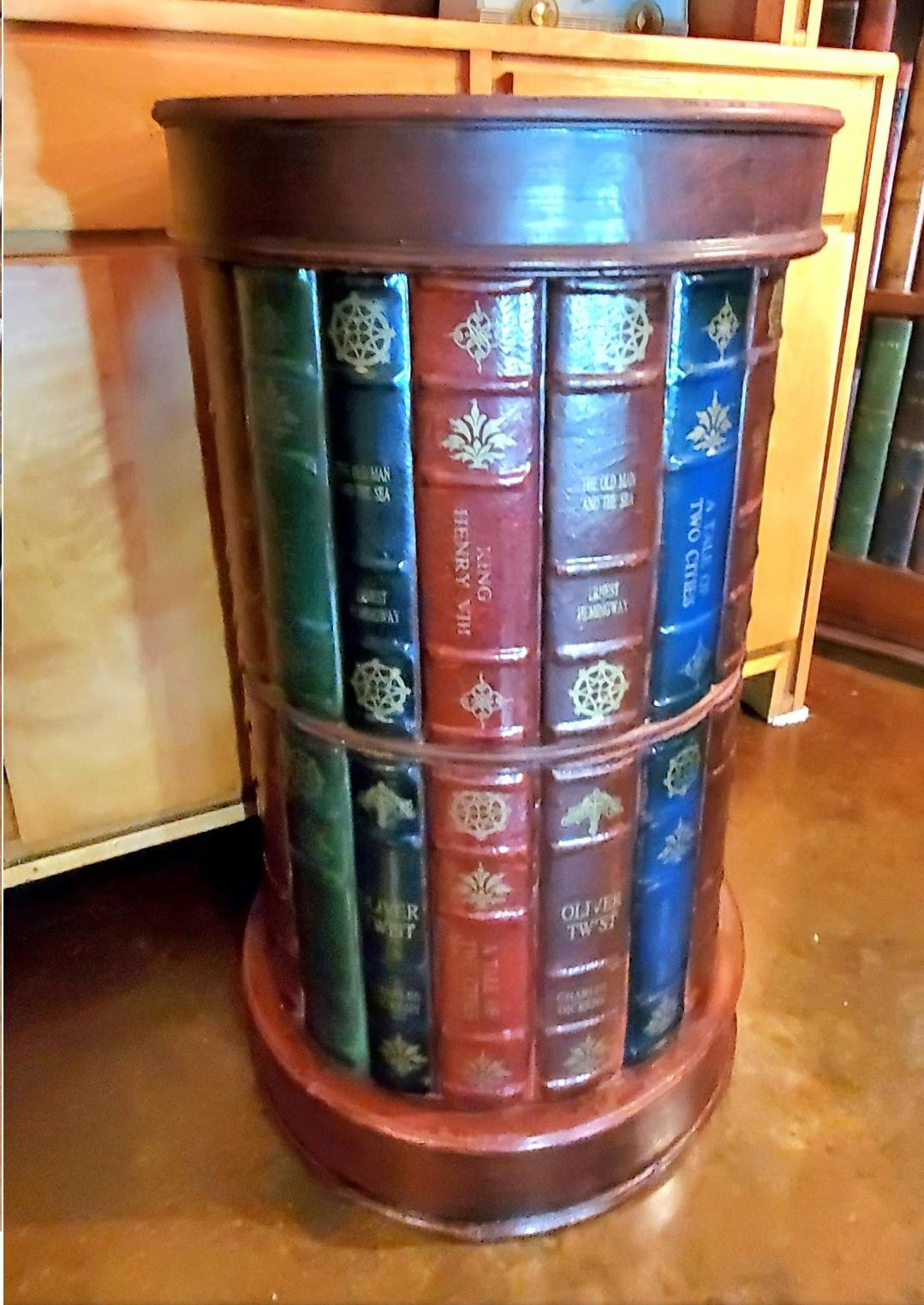 1990s Tooled Leather Round Trompe l'Oeil/ Stacked Book Bookcase Storage Table 3