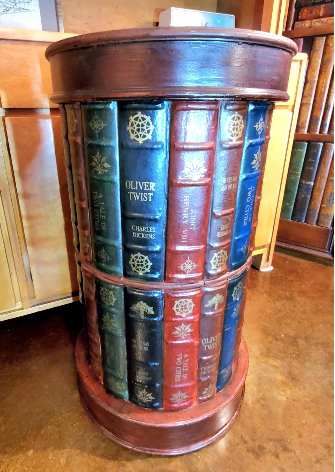 1990s Tooled Leather Round Trompe l'Oeil/ Stacked Book Bookcase Storage Table 4