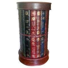 Vintage 1990s Tooled Leather Round Trompe l'Oeil/ Stacked Book Bookcase Storage Table