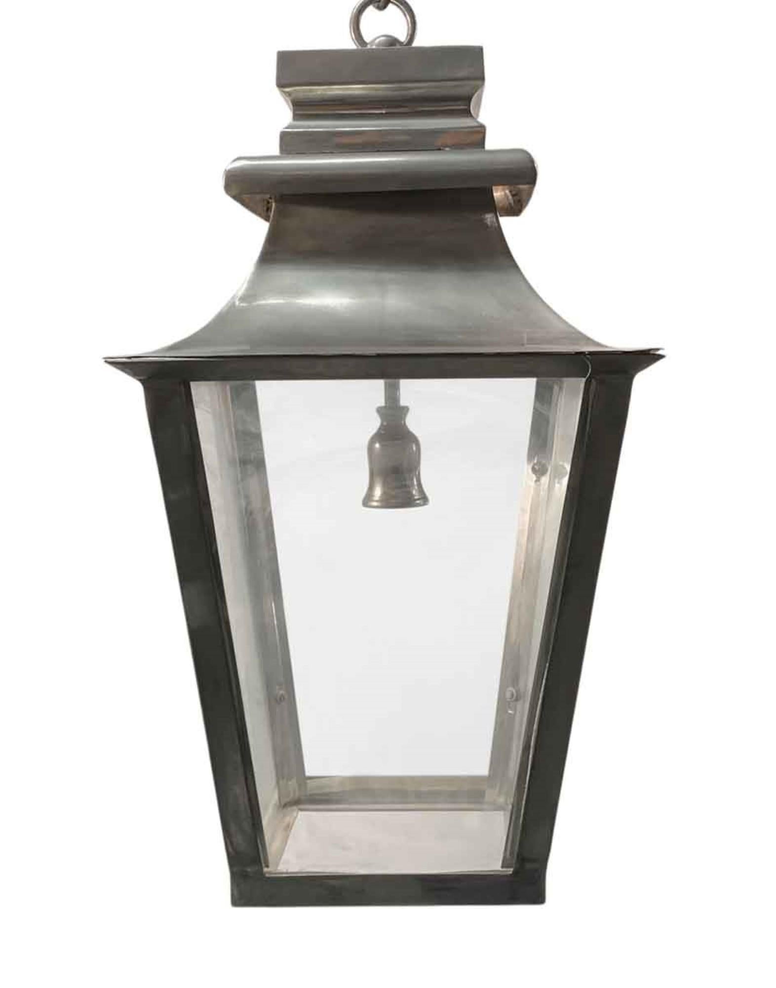 1990s Traditional Hanging Entry Porch Lantern Done in Brass with a Nickel Finish In Good Condition In New York, NY