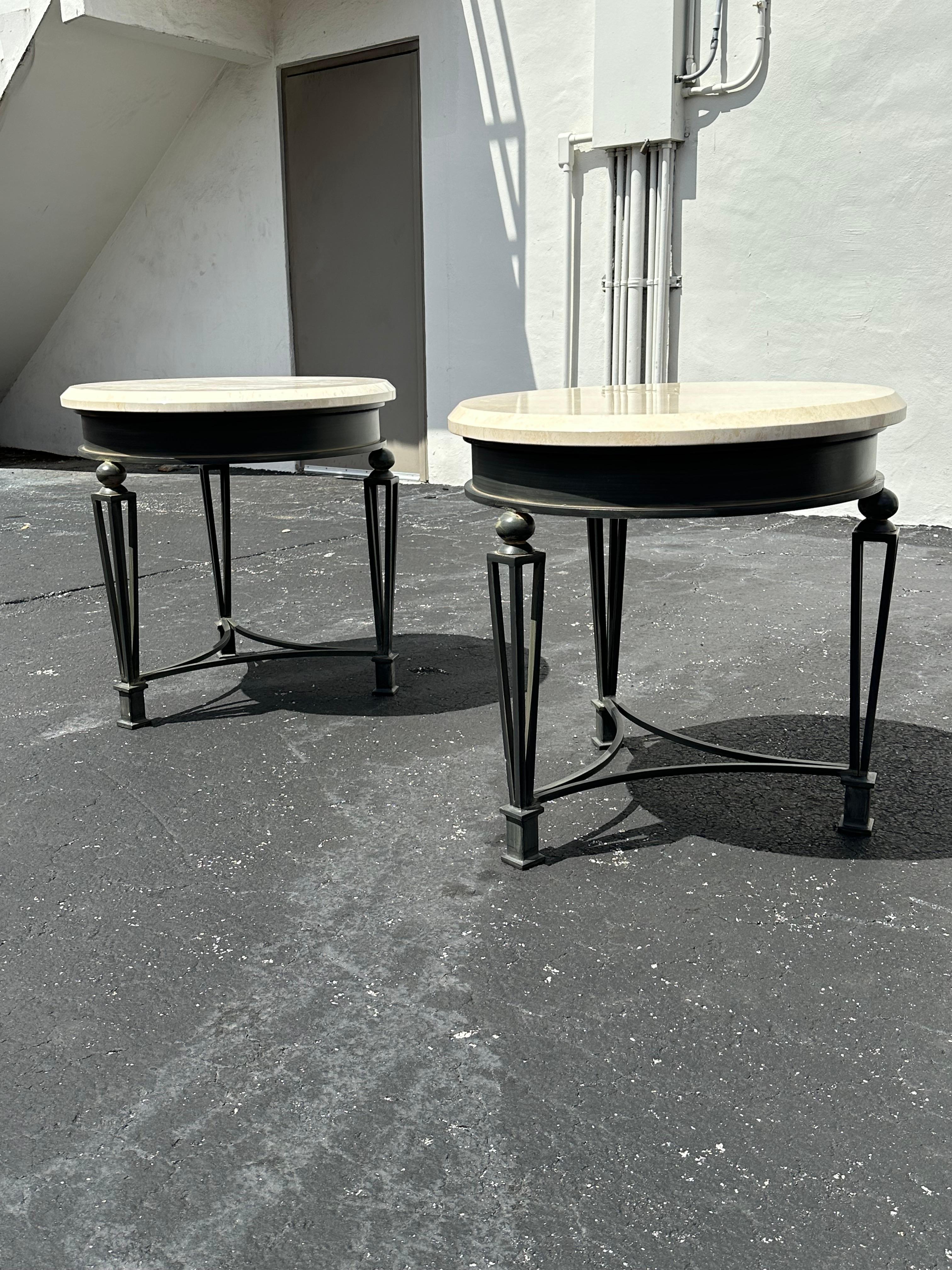 Post-Modern 1990s Travertine and Sculptural Iron Tables, Set of 2 For Sale
