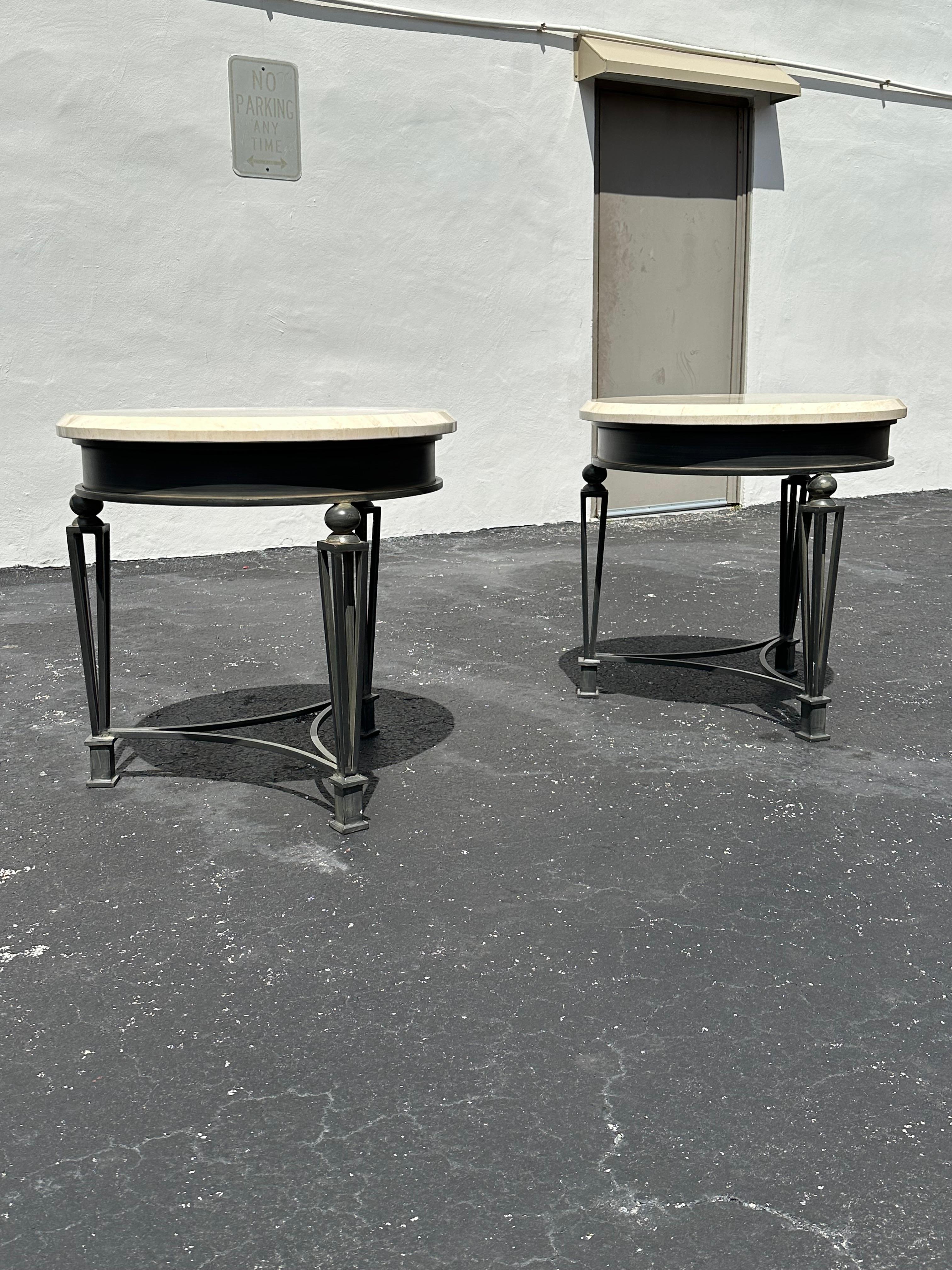 American 1990s Travertine and Sculptural Iron Tables, Set of 2 For Sale