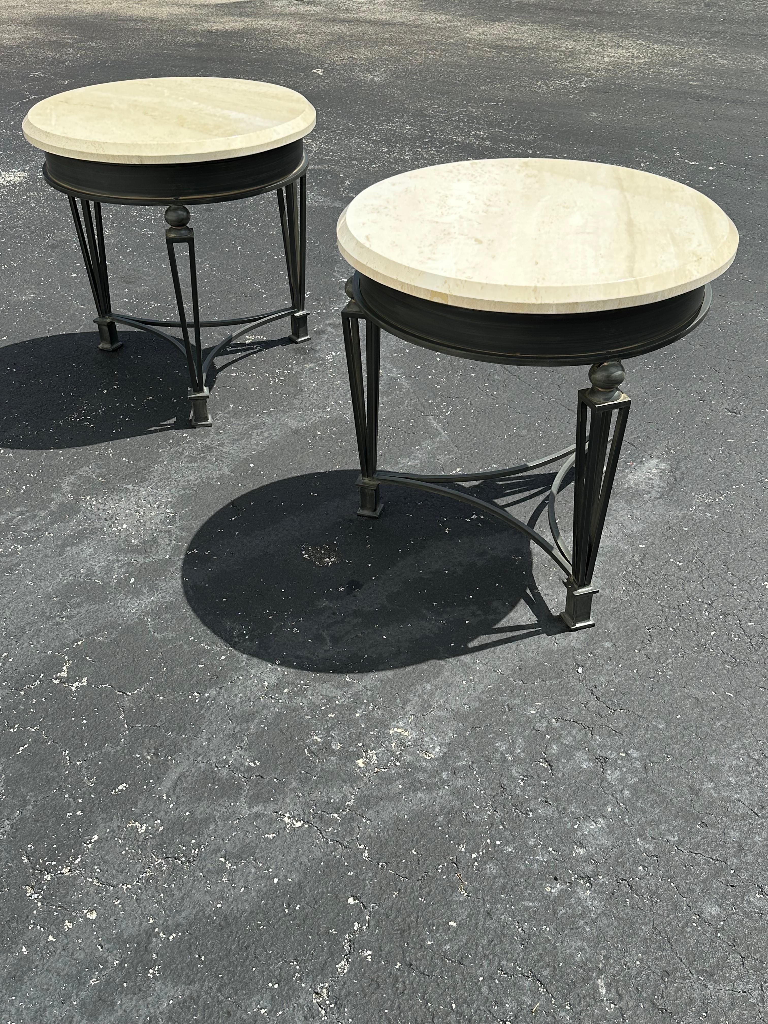 1990s Travertine and Sculptural Iron Tables, Set of 2 In Good Condition For Sale In Fort Lauderdale, FL