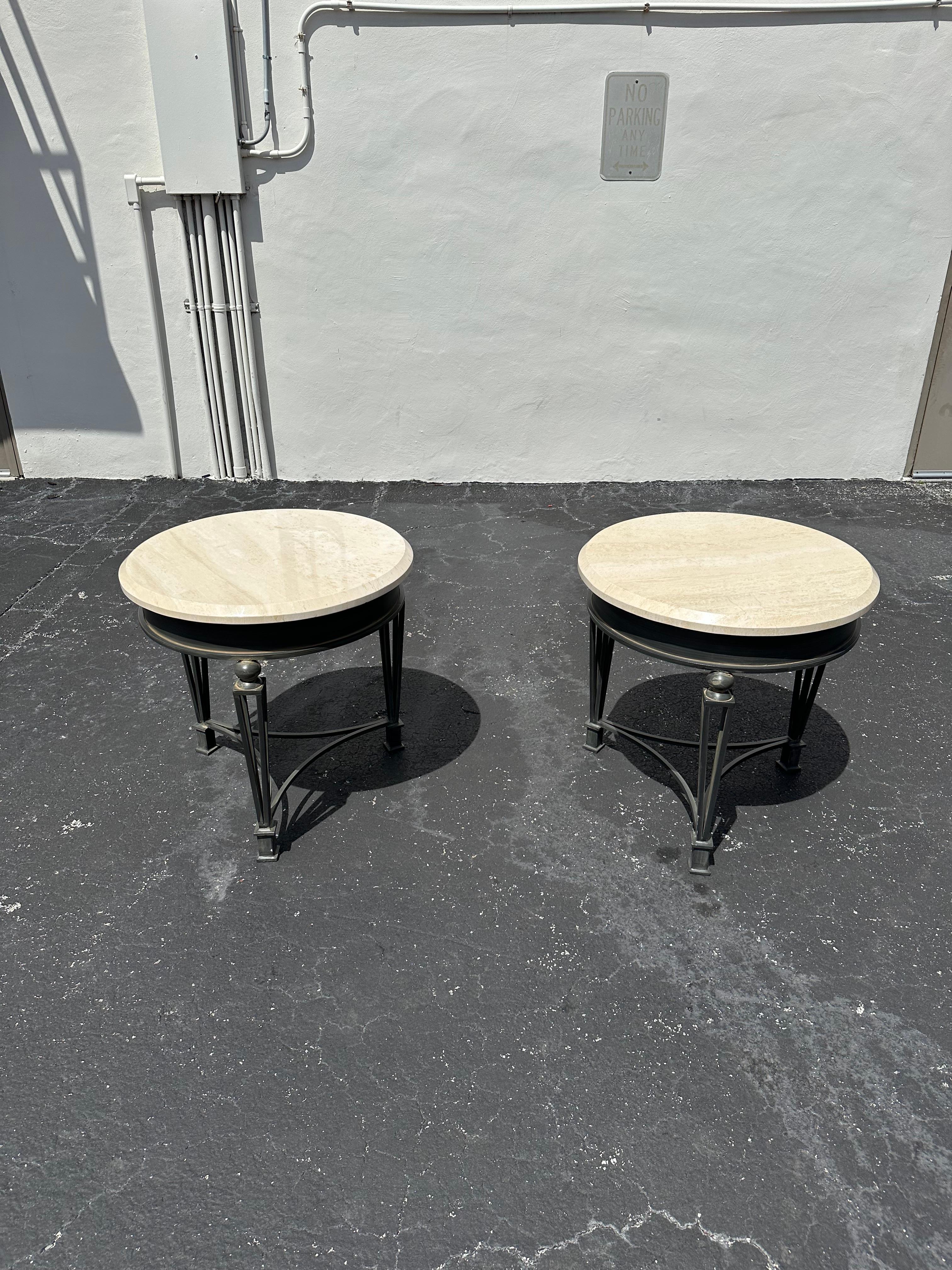 1990s Travertine and Sculptural Iron Tables, Set of 2 For Sale 1