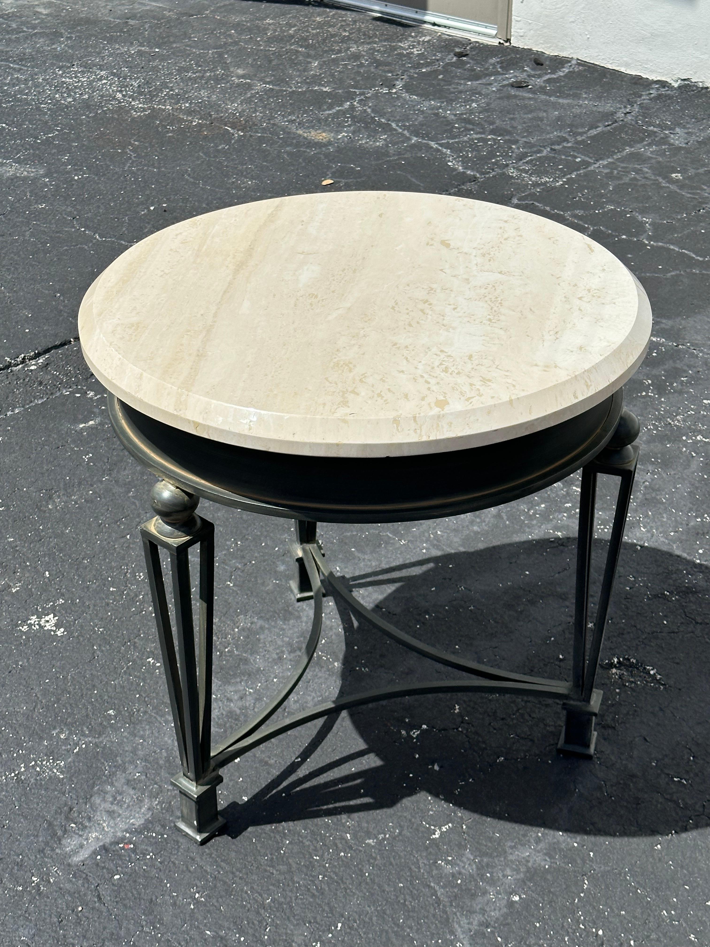 1990s Travertine and Sculptural Iron Tables, Set of 2 For Sale 2