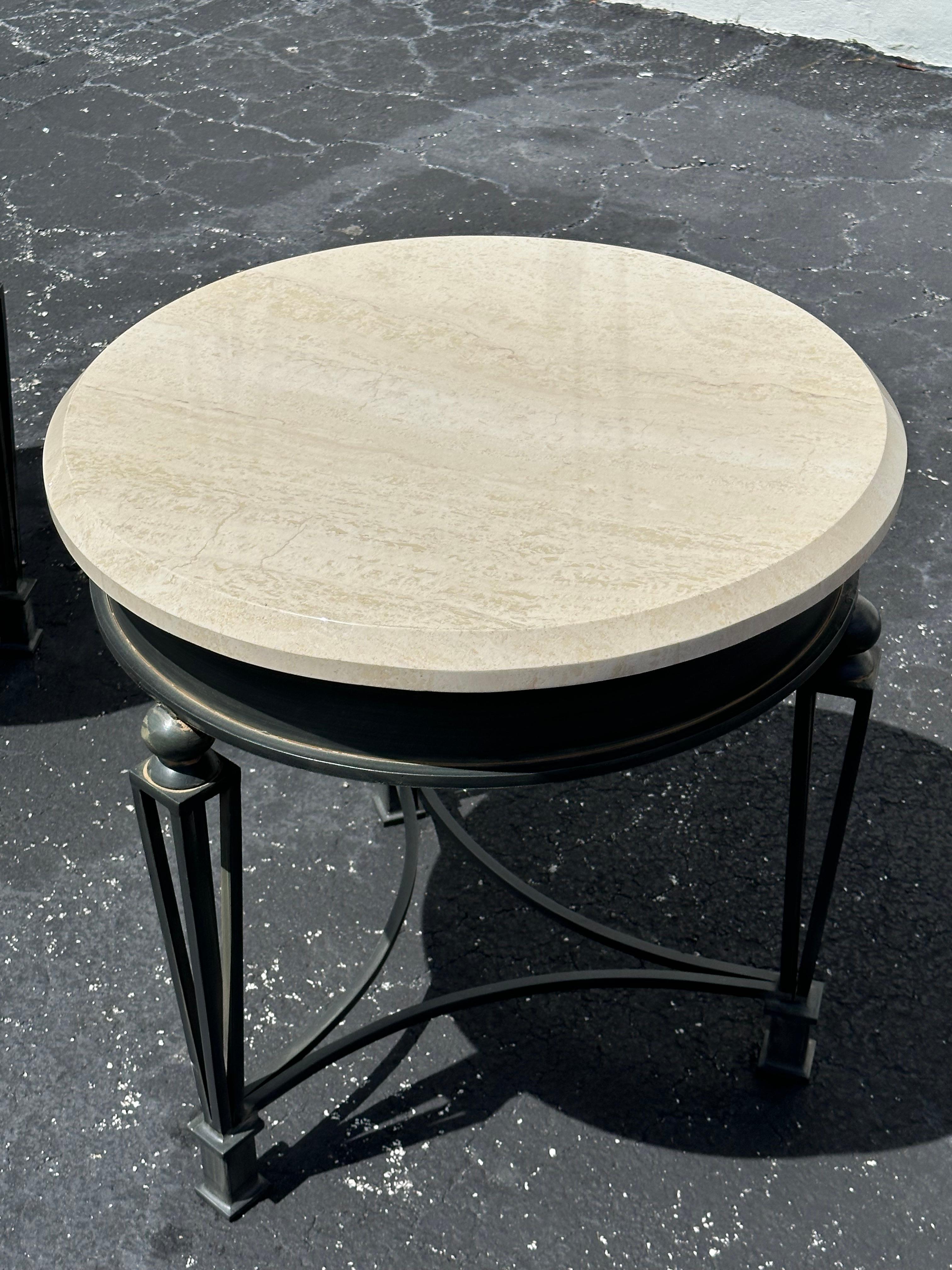 1990s Travertine and Sculptural Iron Tables, Set of 2 For Sale 3