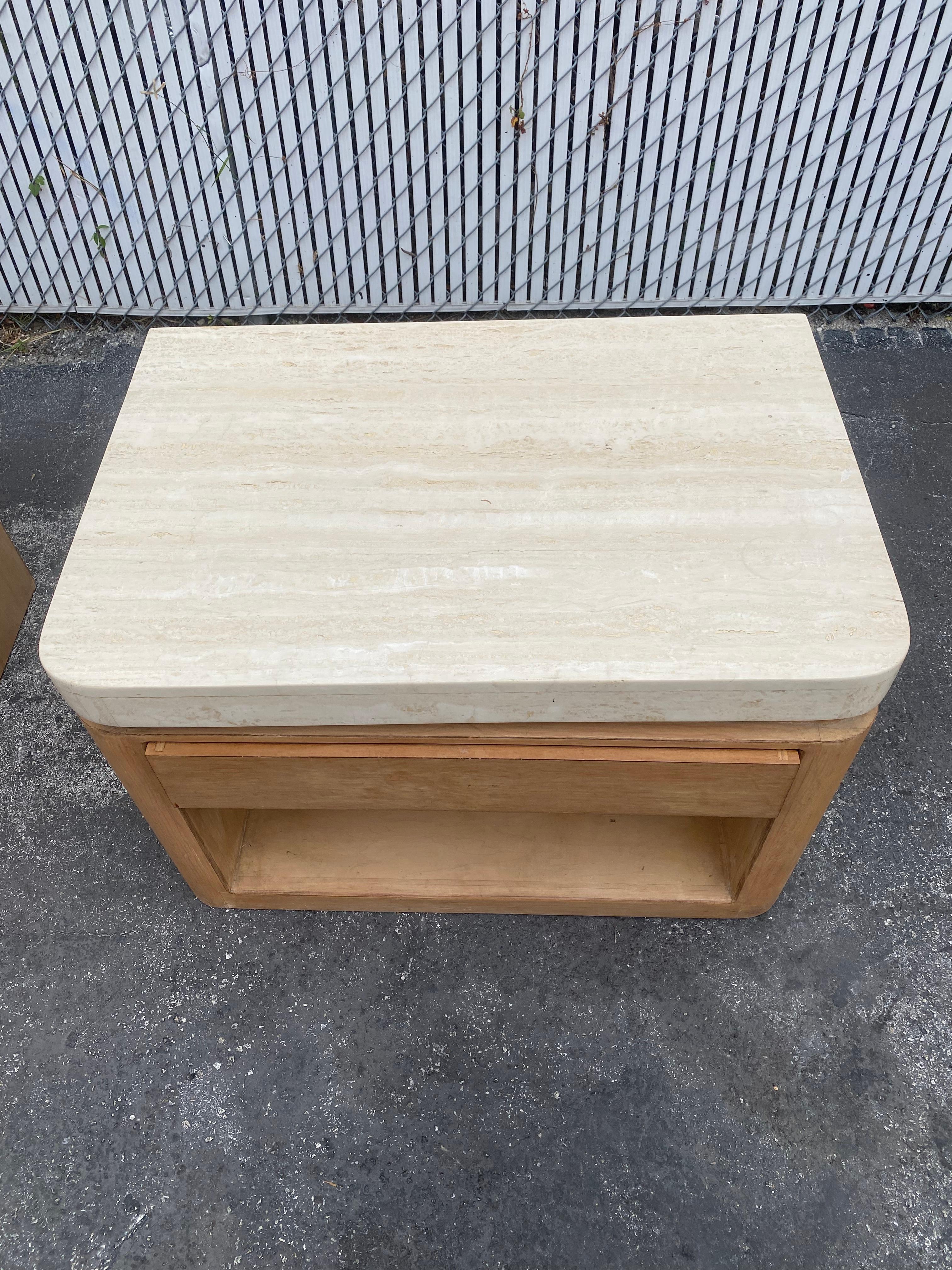 1990s Large Travertine and Wood Night Stands End Table For Sale 4