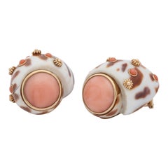 1990s Trianon Angel Skin Coral with Animal Print Shell Design Gold Earclips