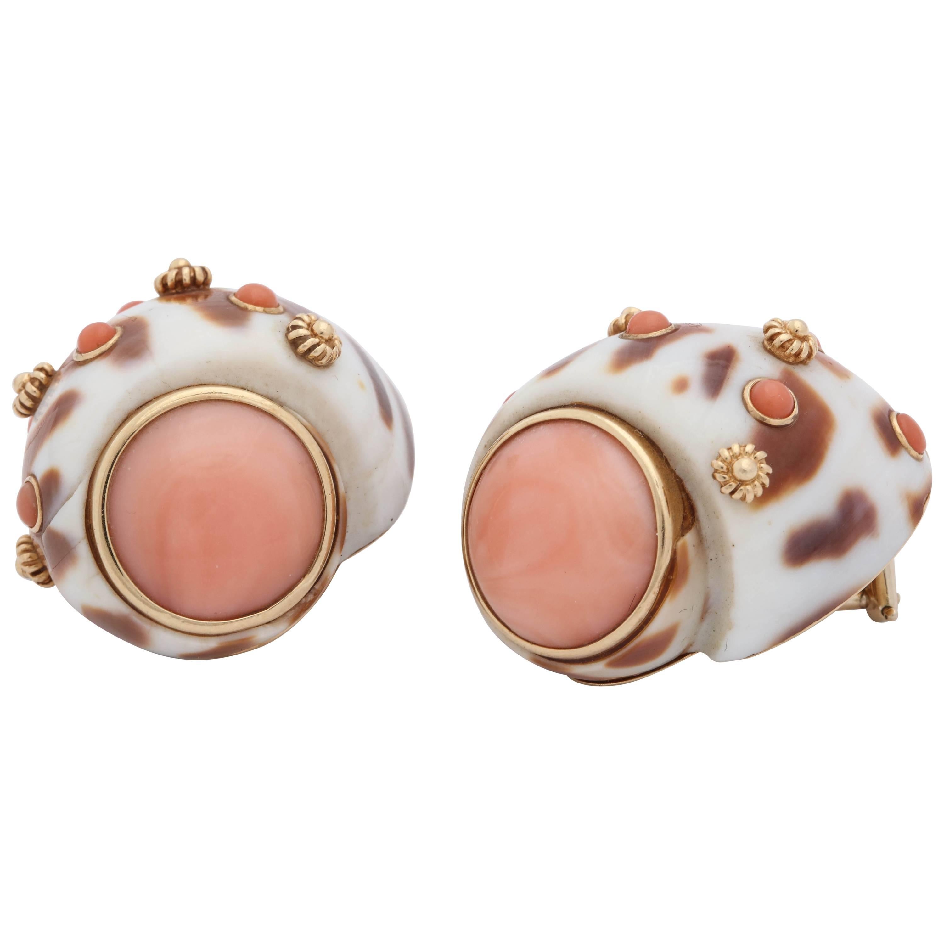 1990s Trianon Angel Skin Coral with Animal Print Shell Design Gold Earclips