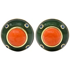boucles d'oreilles vintage Trianon Corail:: Jade:: Saphir:: Or 14 carats:: années 90