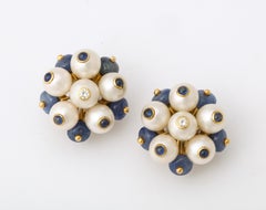 1990's Trianon Pearl, Cabochon Sapphire and Diamond White Gold Earclips
