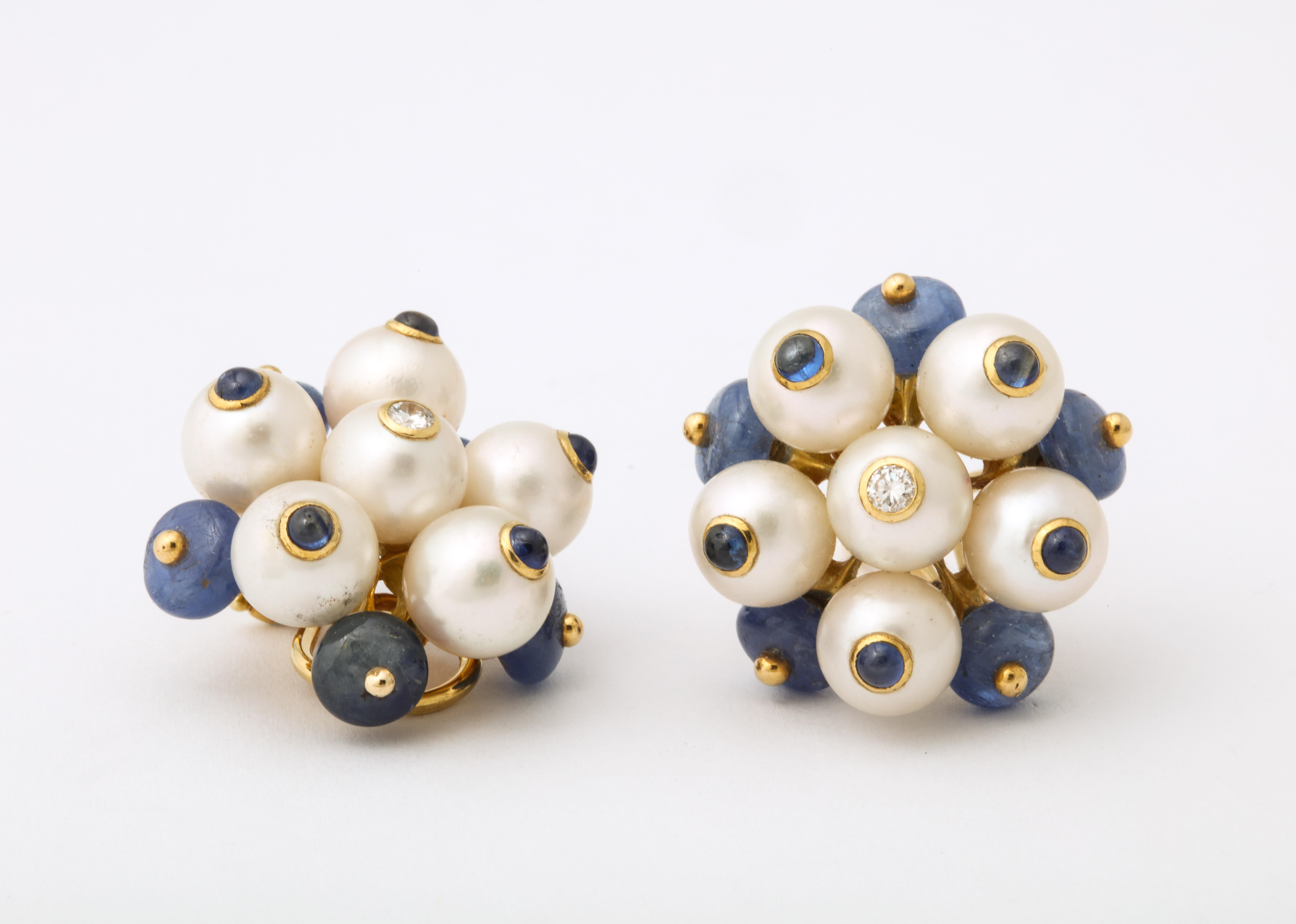 Women's 1990's Trianon Pearl, Cabochon Sapphire and Diamond White Gold Earclips For Sale