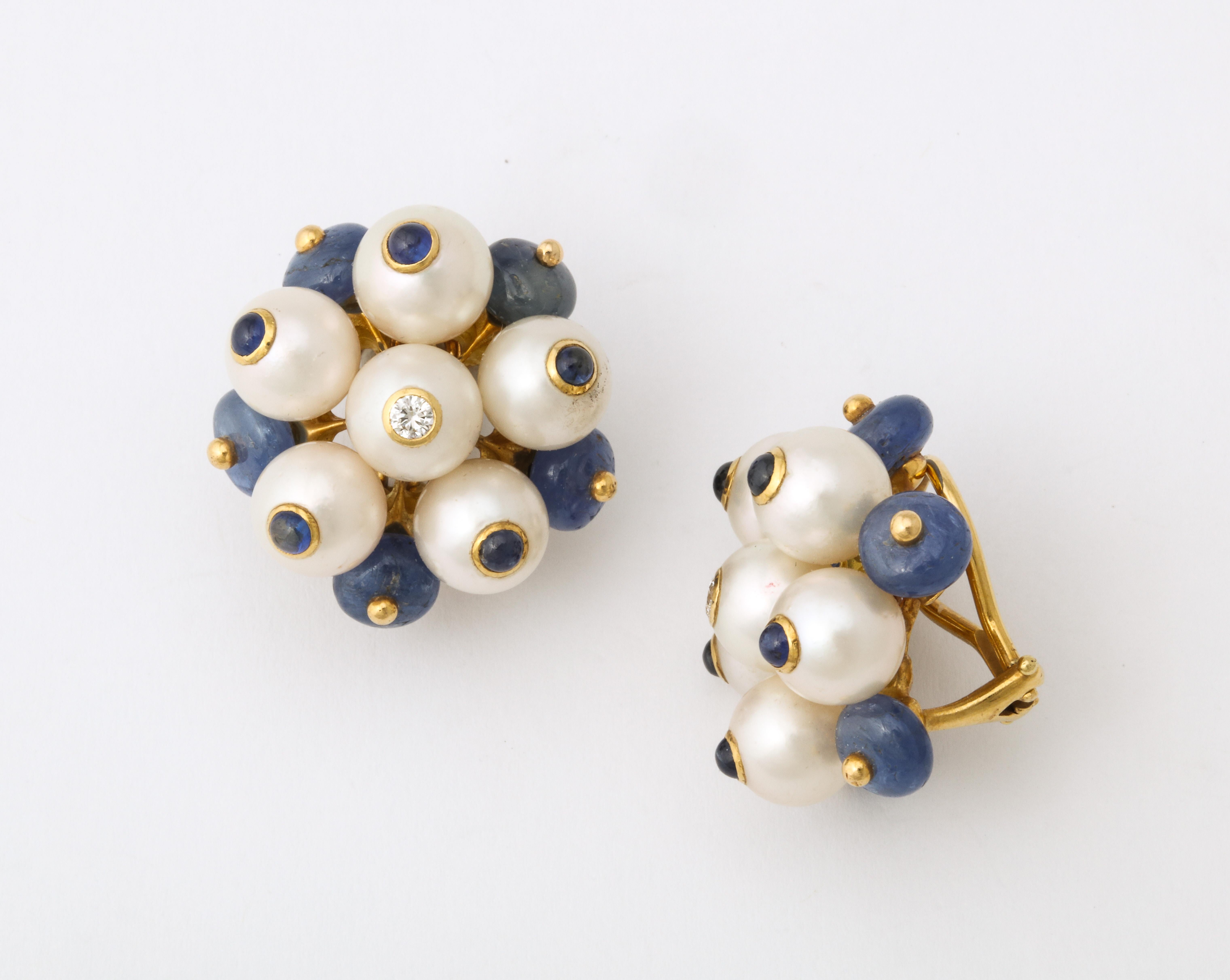 1990's Trianon Pearl, Cabochon Sapphire and Diamond White Gold Earclips For Sale 1