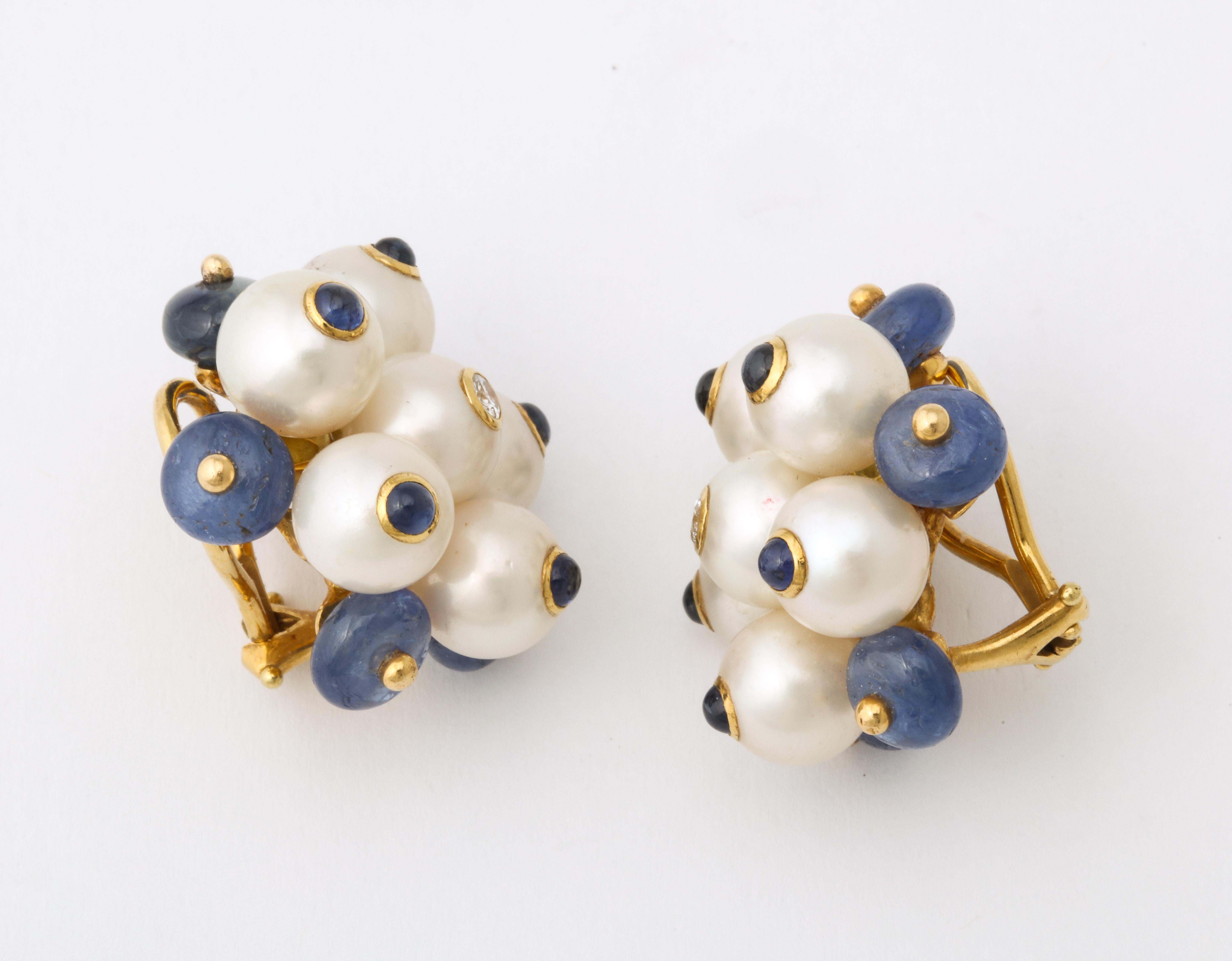 1990's Trianon Pearl, Cabochon Sapphire and Diamond White Gold Earclips For Sale 2
