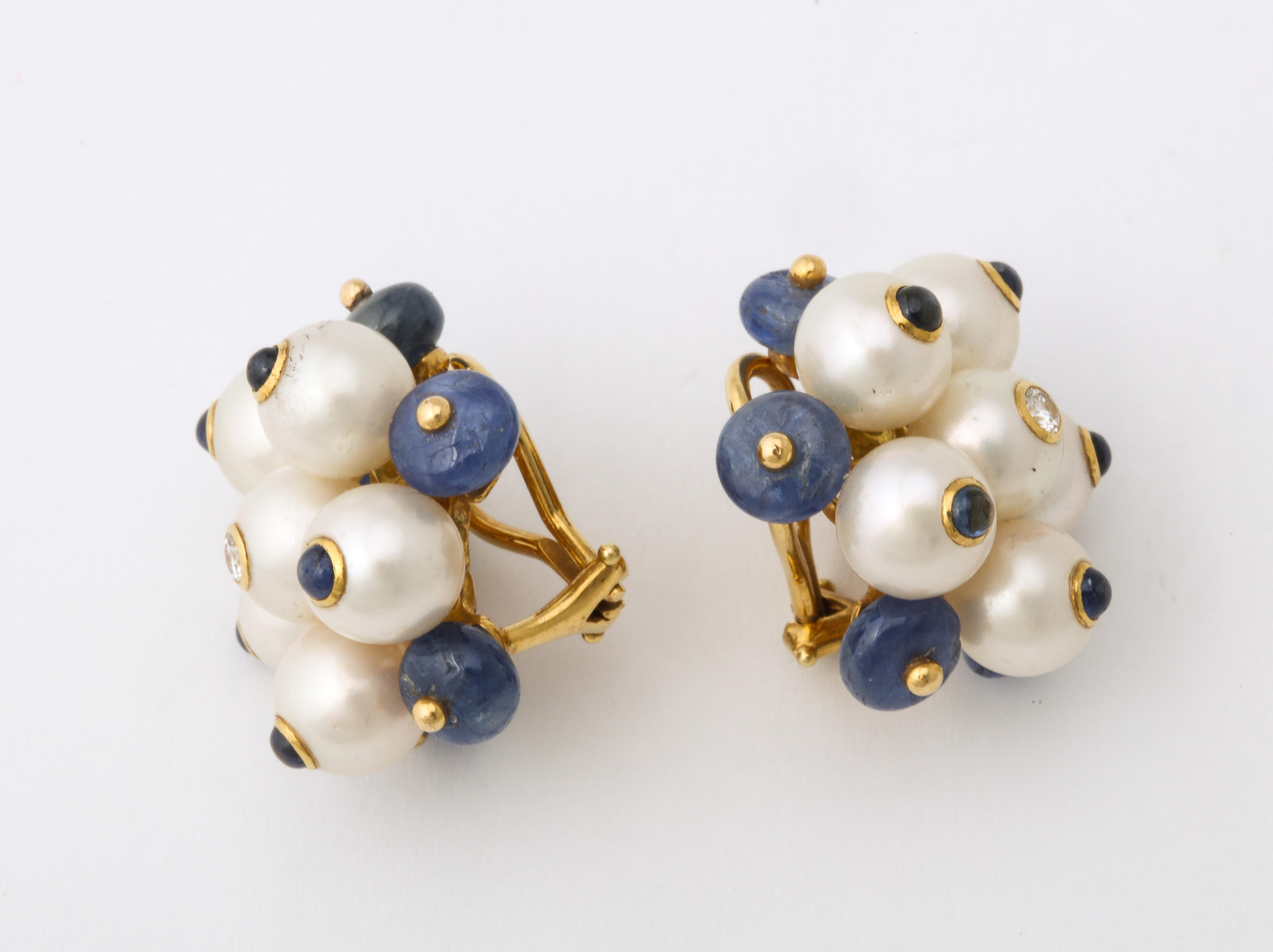 1990's Trianon Pearl, Cabochon Sapphire and Diamond White Gold Earclips For Sale 3