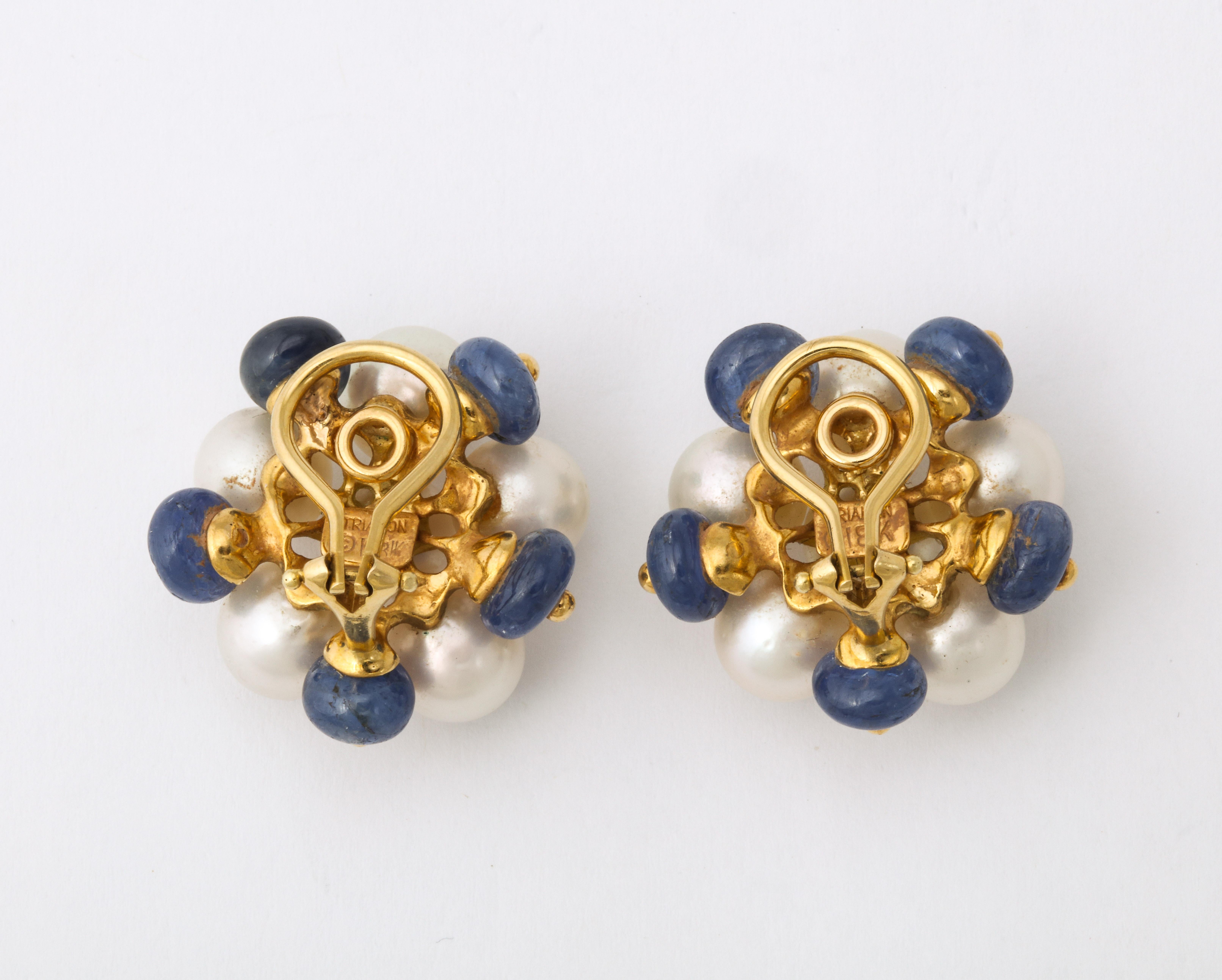 1990's Trianon Pearl, Cabochon Sapphire and Diamond White Gold Earclips For Sale 4