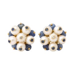 1990's Trianon Pearl, Cabochon Sapphire and Diamond White Gold Earclips