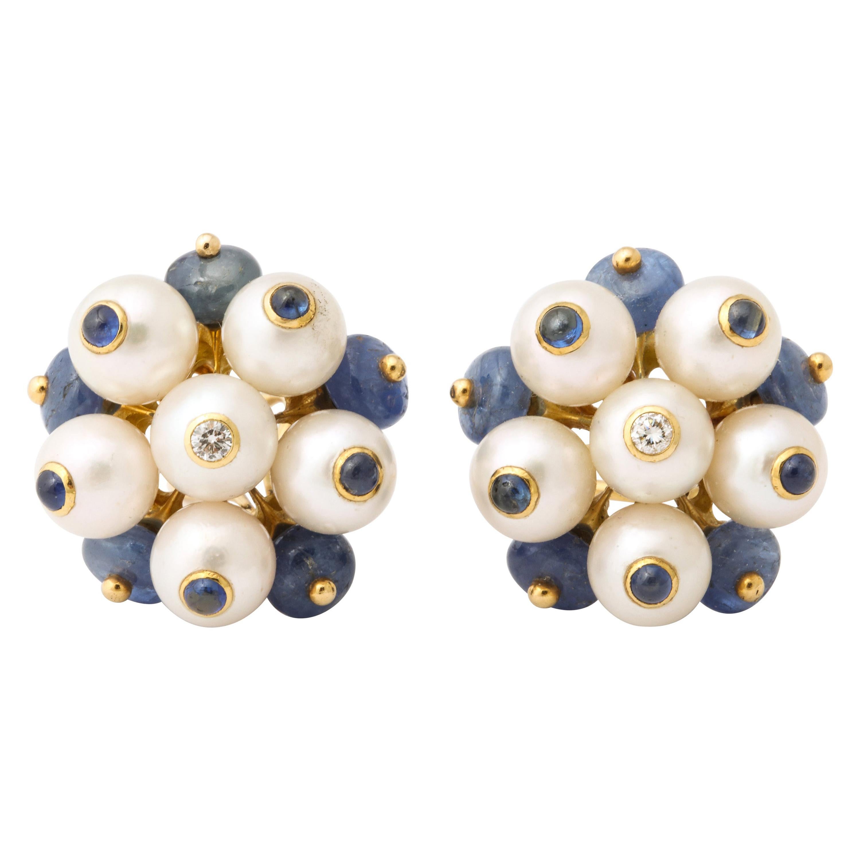 1990's Trianon Pearl, Cabochon Sapphire and Diamond White Gold Earclips For Sale