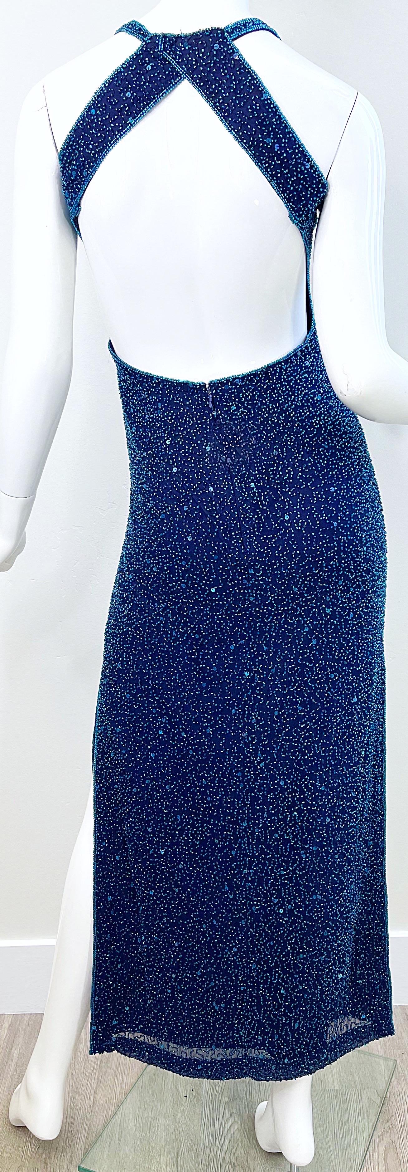 1990s Turquoise and Navy Blue Fully Beaded Silk Open Back Vintage 90s Gown Dress 6