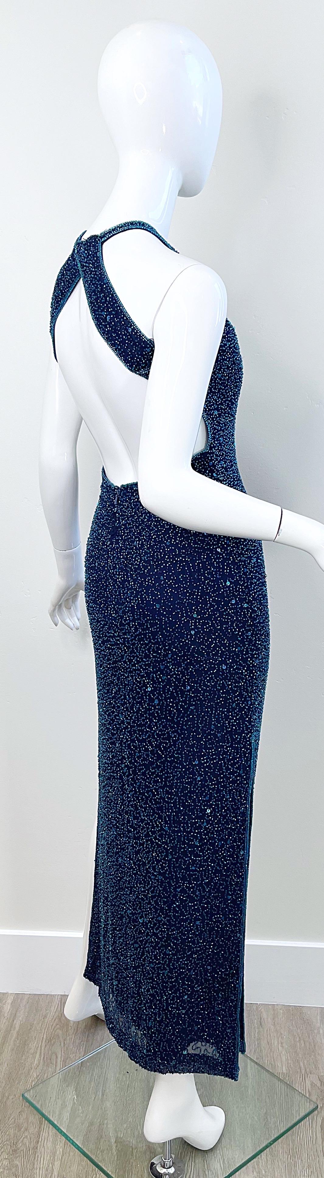 1990s Turquoise and Navy Blue Fully Beaded Silk Open Back Vintage 90s Gown Dress 8