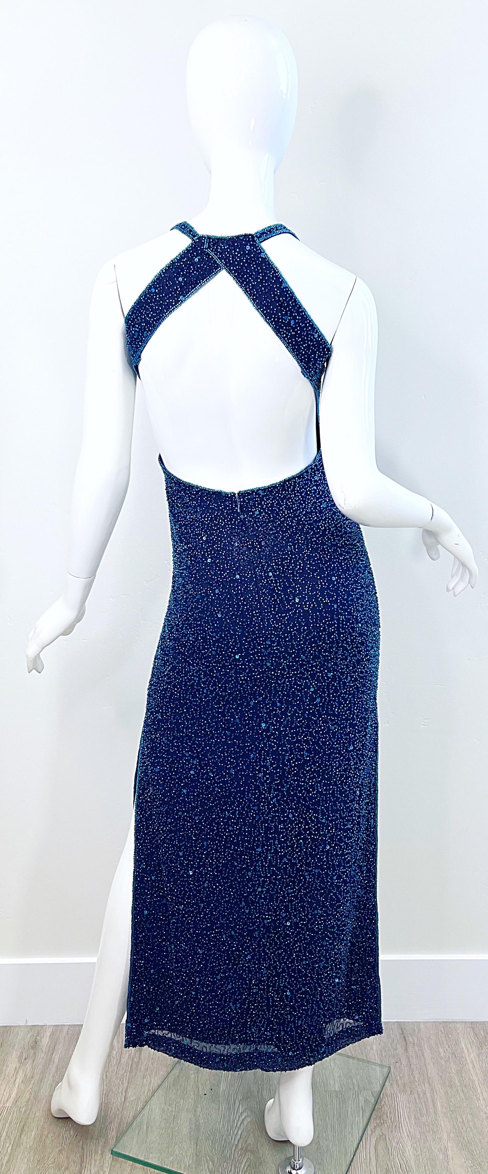 1990s Turquoise and Navy Blue Fully Beaded Silk Open Back Vintage 90s Gown Dress 1