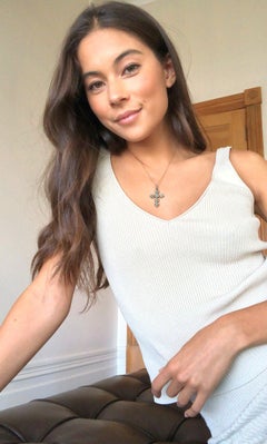 1990s Turquoise and Pearl Cross Pendant Necklace in 9k Gold