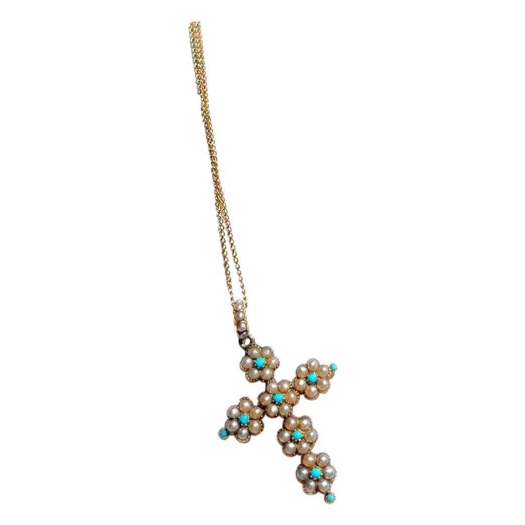 1990s Turquoise and Pearl Cross Pendant Necklace in 9k Gold For Sale