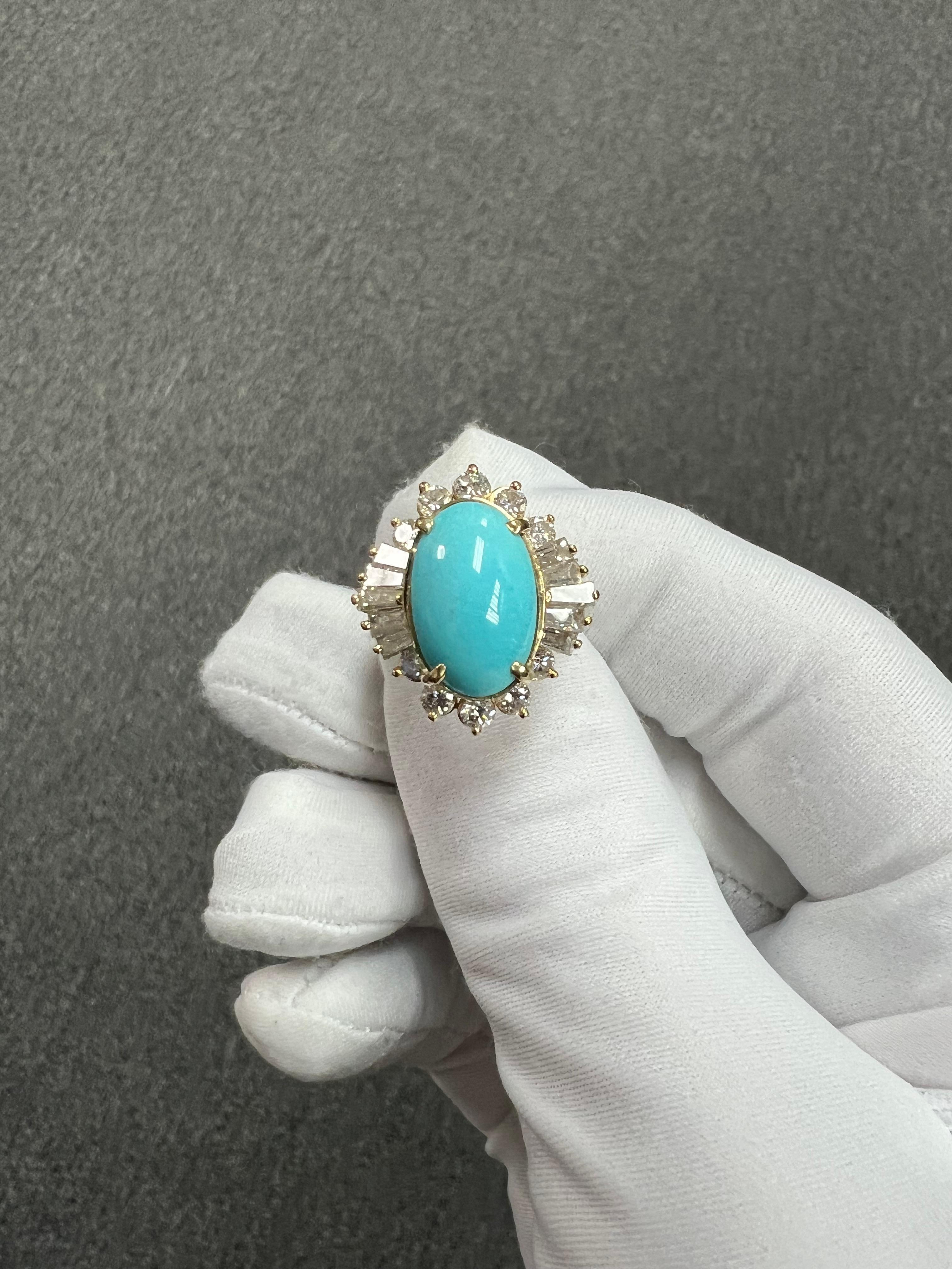 1990er Jahre Türkis Diamant 14k Gelbgold Cluster-Ring 4