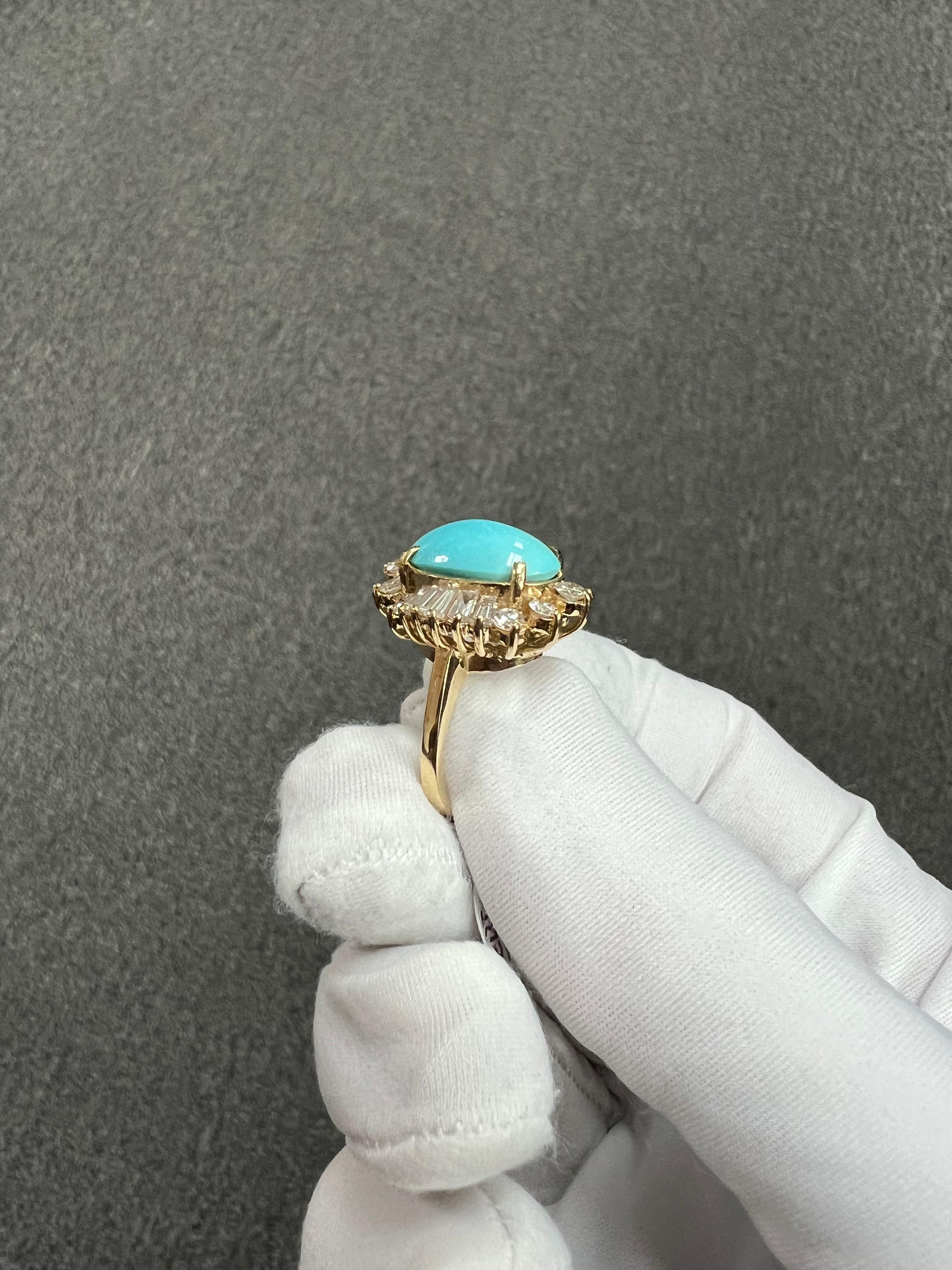 1990er Jahre Türkis Diamant 14k Gelbgold Cluster-Ring 7
