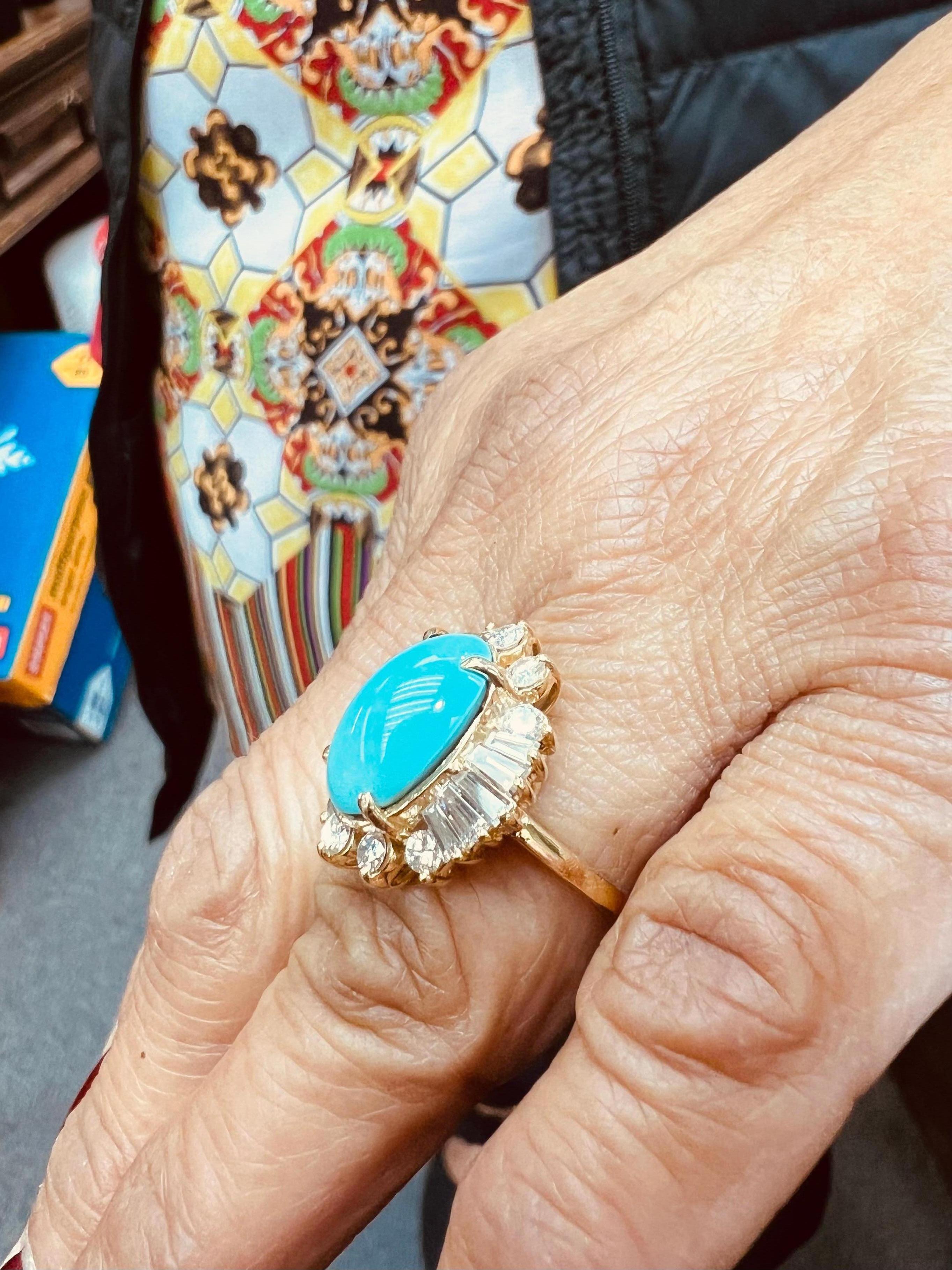 1990er Jahre Türkis Diamant 14k Gelbgold Cluster-Ring (Zeitgenössisch)