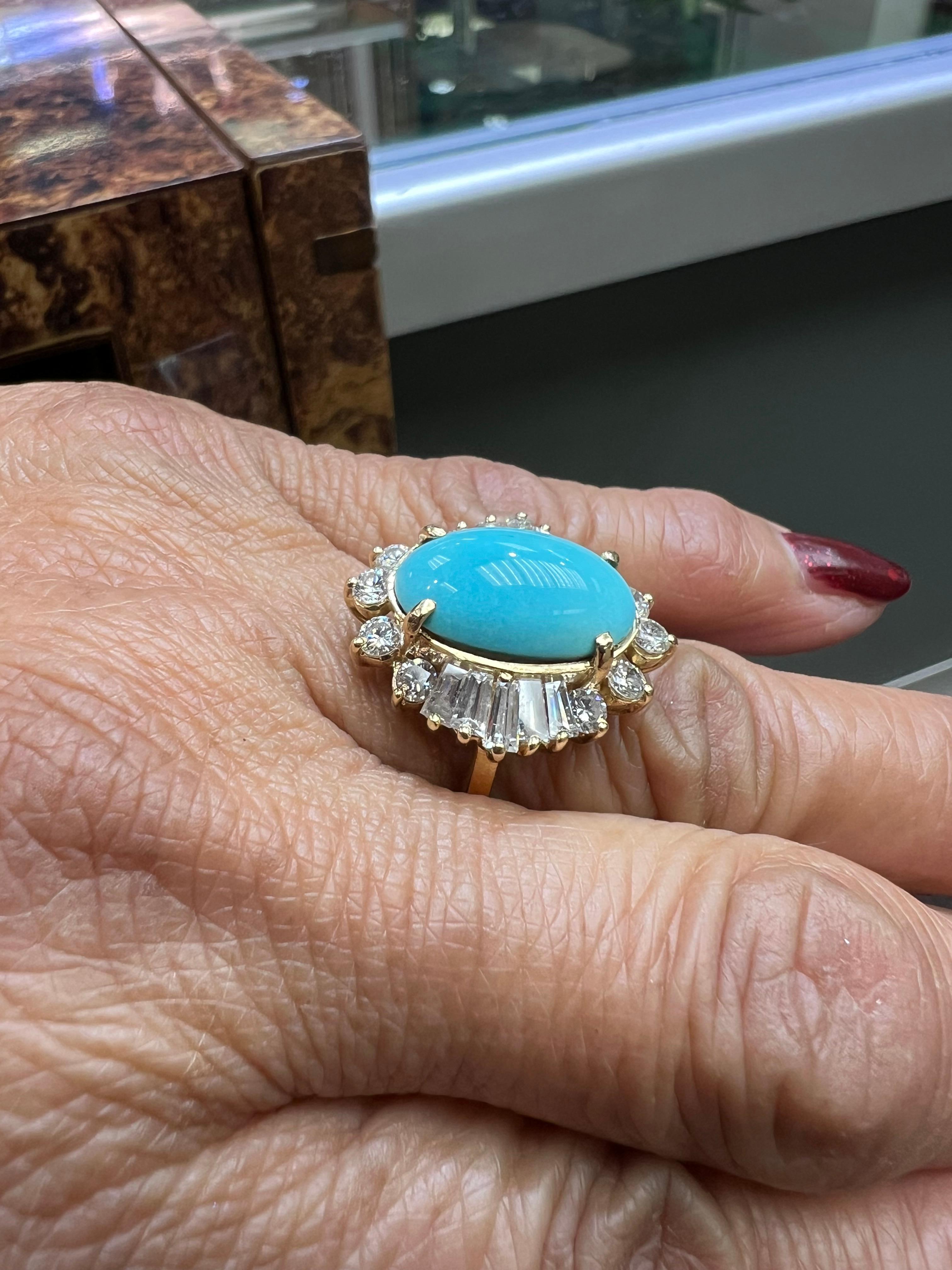 1990er Jahre Türkis Diamant 14k Gelbgold Cluster-Ring (Cabochon)