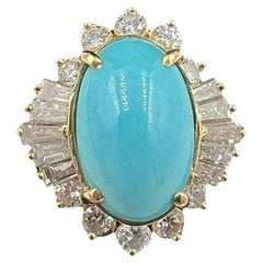 1990s Turquoise Diamond 14k Yellow Gold Cluster Ring