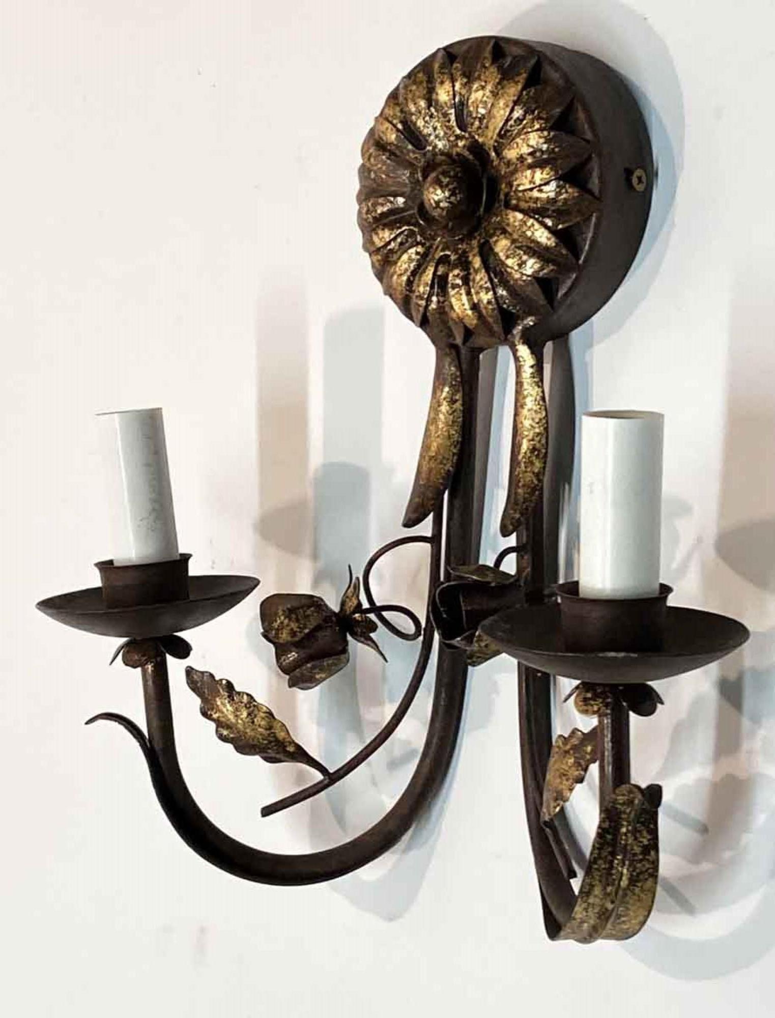 Contemporary 2 Arm Wrought Iron Florentine Gilded Sunflower Sconce