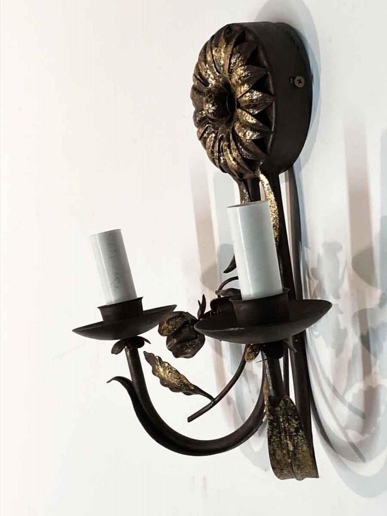 2000s Two-Arm Wrought Iron Florentine Gilded Wall Sunflower Sconce For ...