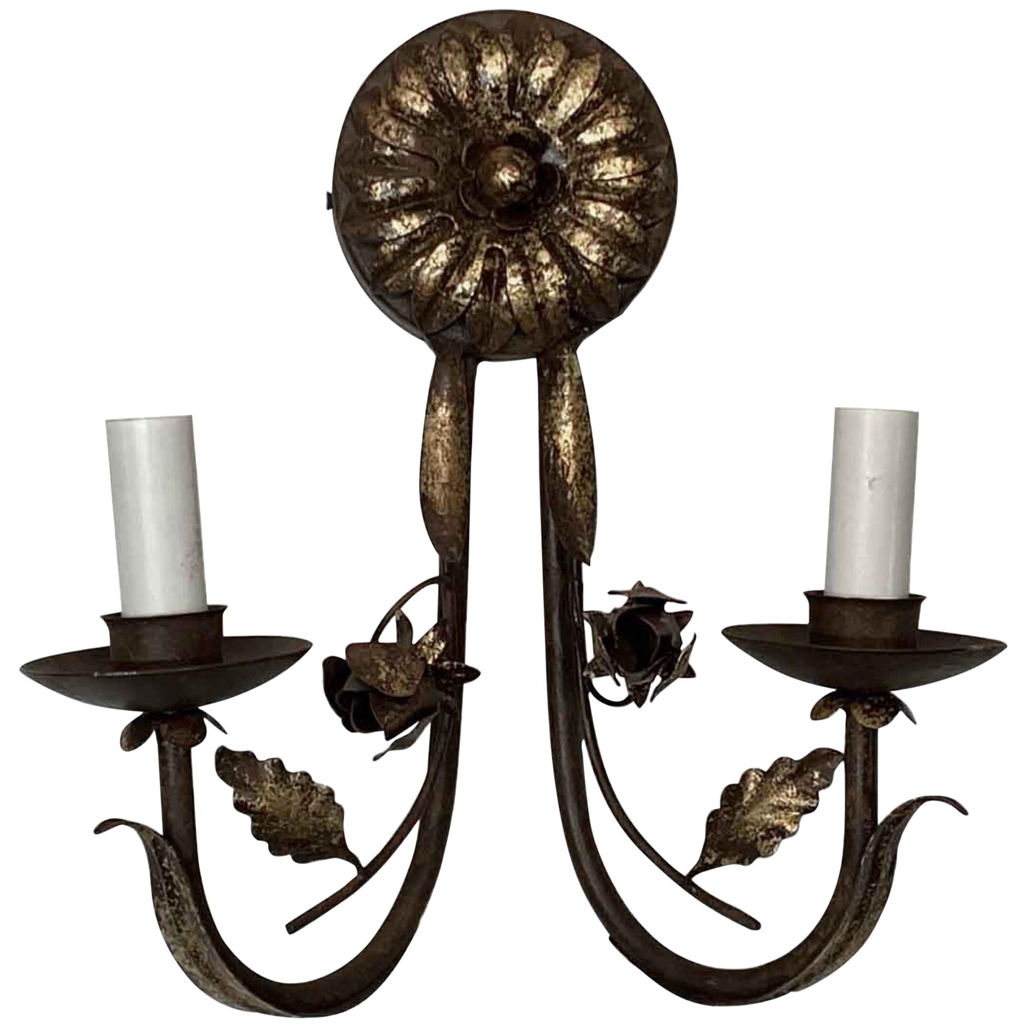 2 Arm Wrought Iron Florentine Gilded Sunflower Sconce