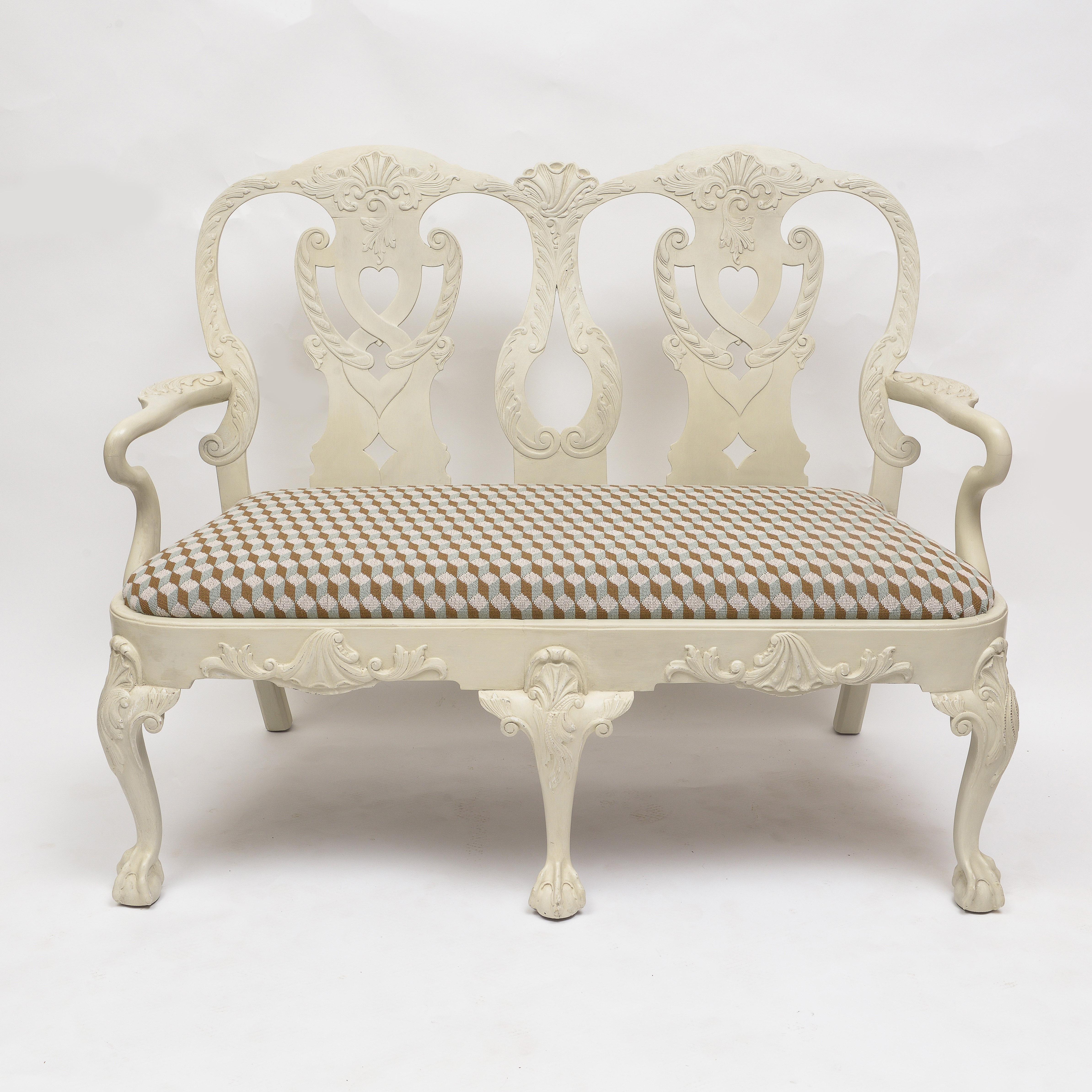 Soft Gray painted Georgian style Settee with great patina
Drop in seat covered in a geometric parquetry pattern
Sheppard crook arms
Supported by carved cabriolet legs and ball and claw feet