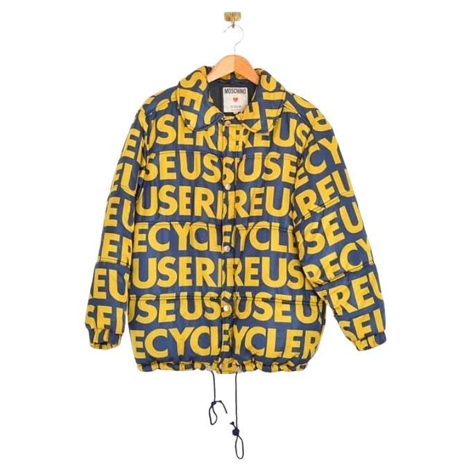 1990's UK Garage Rave Moschino 'Reuse & Recycle' Puffer Jacket Coat For Sale
