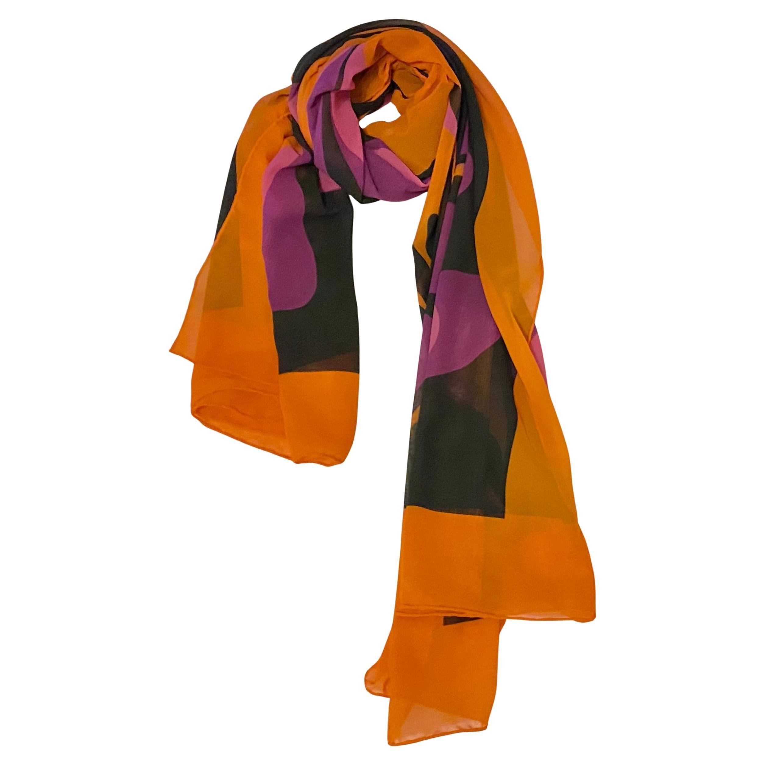 Women's or Men's 1990s Emanuel Ungaro Abstract Floral Orange Purple Scarf For Sale