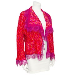 1990s Ungaro Pink and Purple Tweed and Lace Cardigan