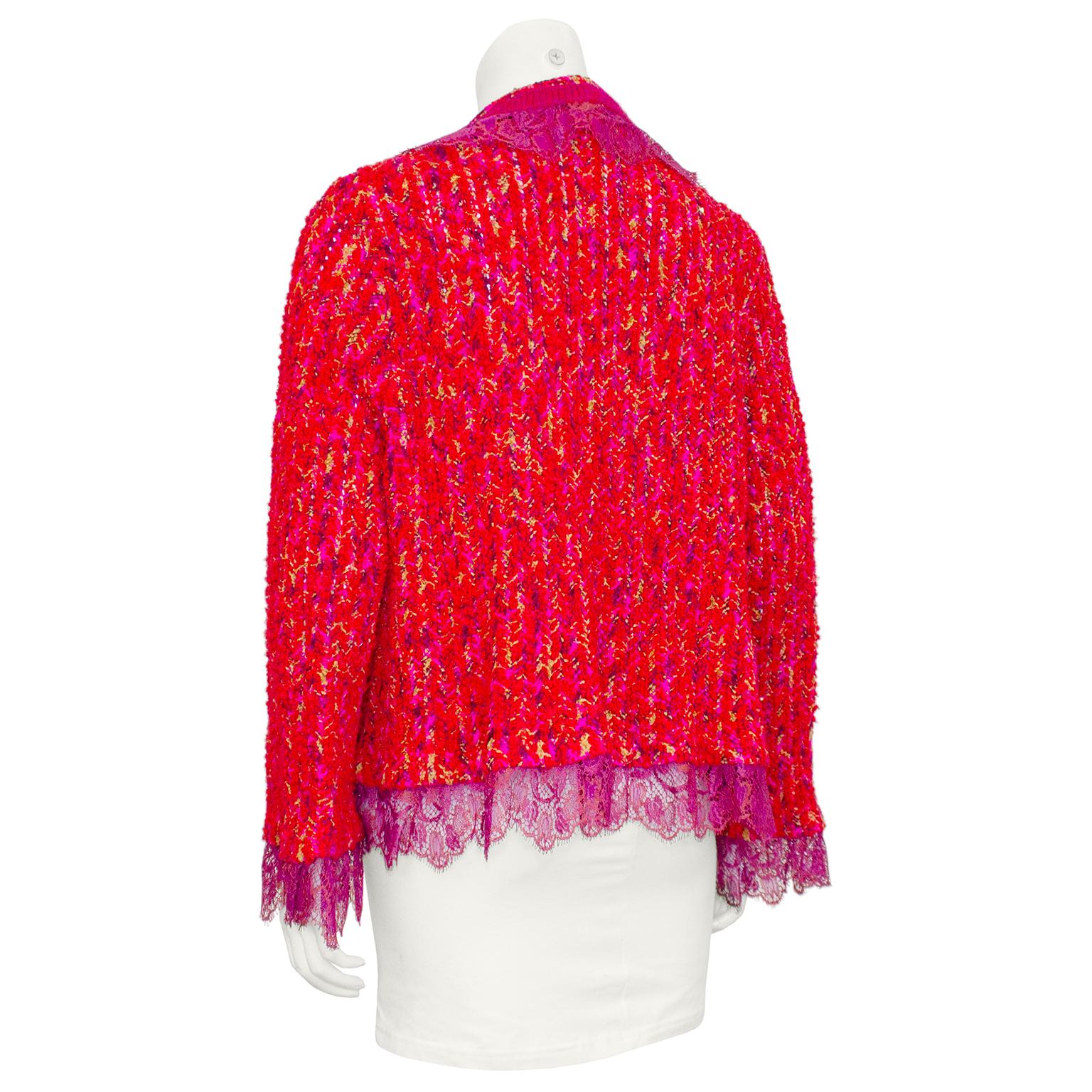 Rouge Cardigan Ungaro en tweed et dentelle rose et violet des années 1990  en vente