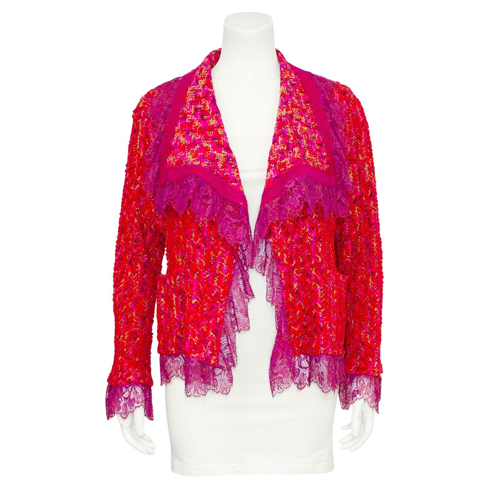 1990s Ungaro Pink and Purple Tweed and Lace Cardigan  For Sale