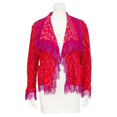 1990s Ungaro Pink and Purple Tweed and Lace Cardigan 