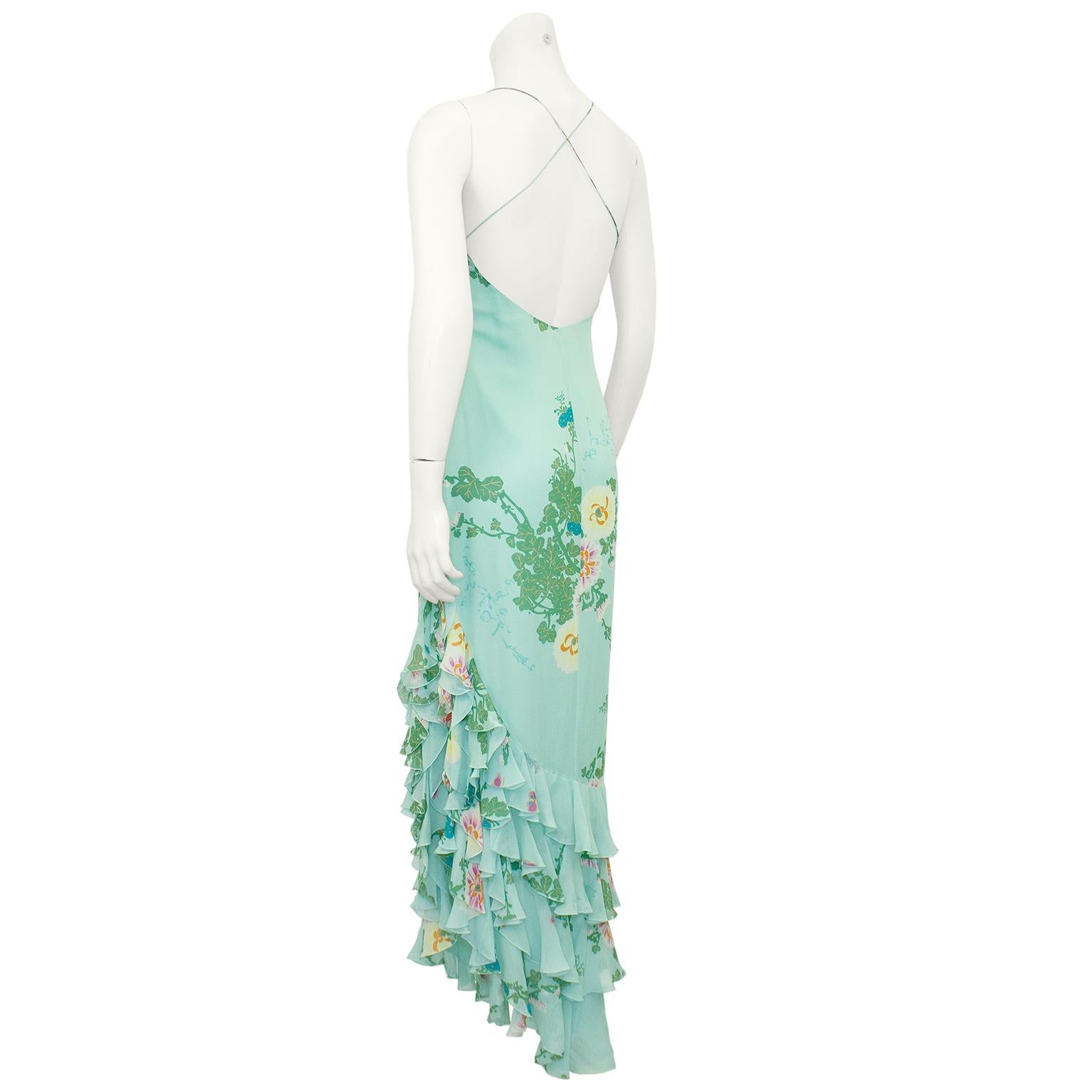 1990s Ungaro Seafoam Blue Floral Gown In Good Condition For Sale In Toronto, Ontario