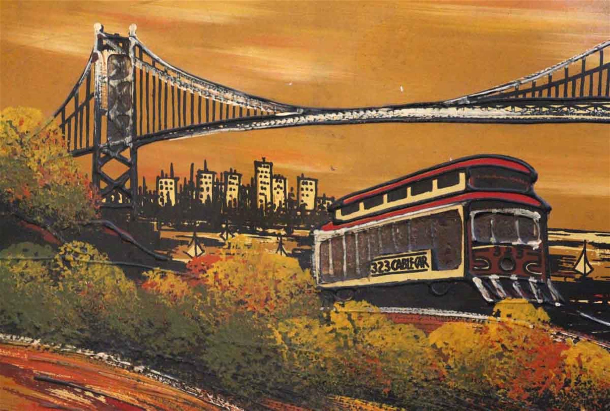 Original signed mixed-media golden gate bridge painting with oriental details by Ashbrook Studios in San Francisco, CA from the 1990s. This can be seen at our 5 East 16th St location on Union Square in Manhattan.