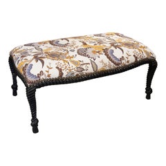 1990s Upholstered Bench with Spiral-Turned Legs and Vintage-Style Floral Fabric