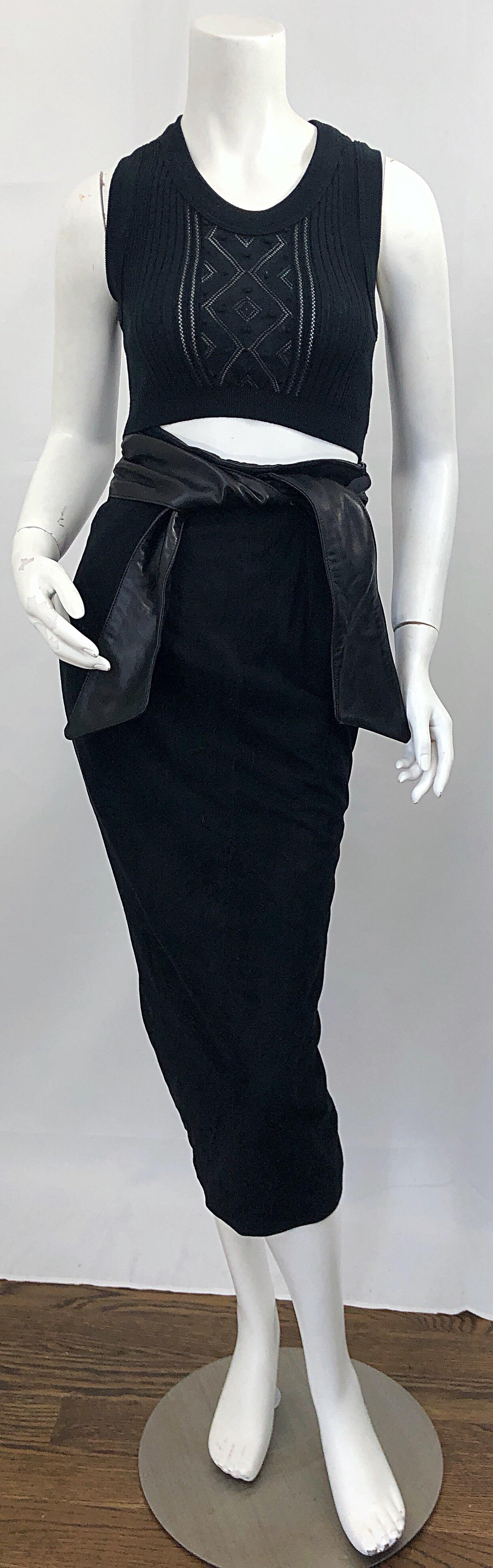 1990s Vakko Black Suede + Leather Size 4 High Waisted Vintage 90s Midi Skirt 6