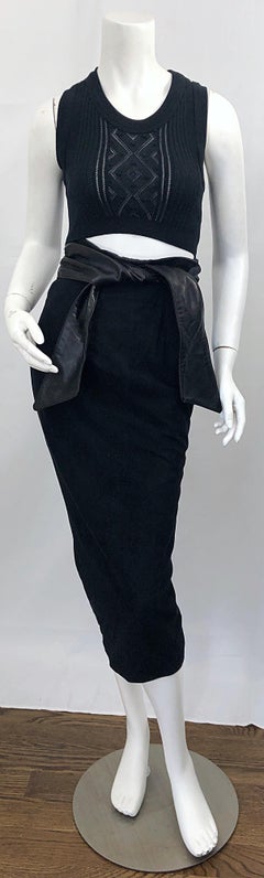 1990s Vakko Black Suede + Leather Size 4 High Waisted Vintage 90s Midi Skirt