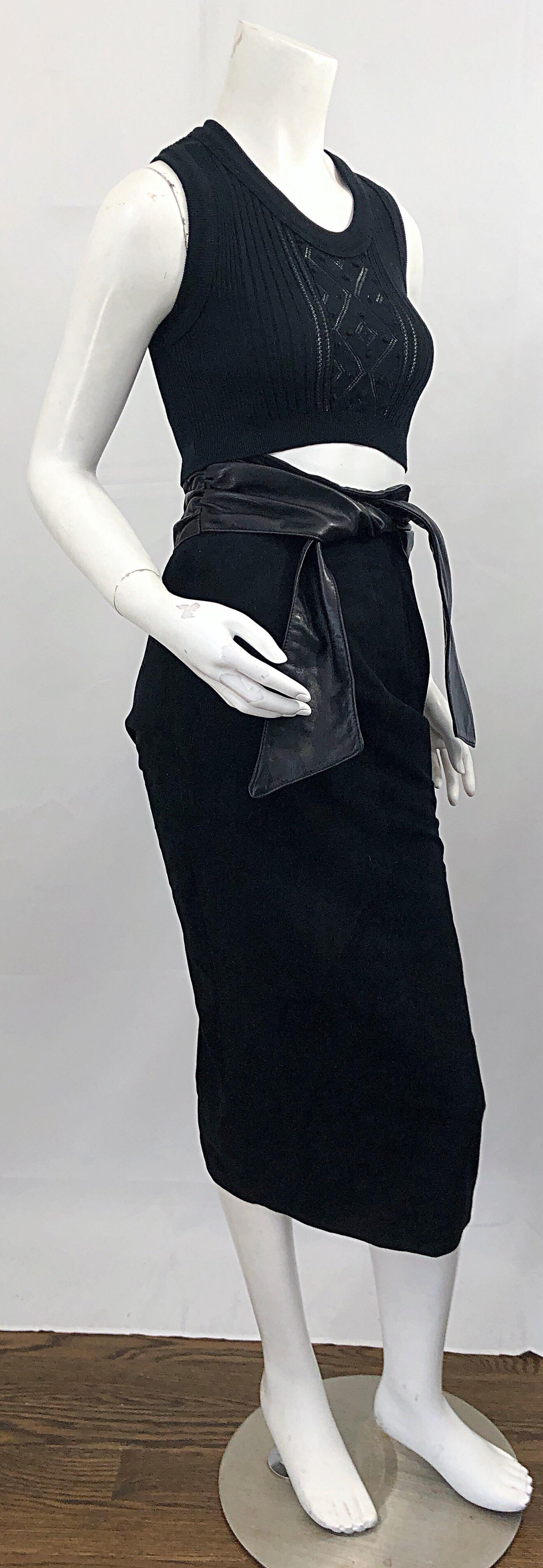 Women's 1990s Vakko Black Suede + Leather Size 4 High Waisted Vintage 90s Midi Skirt