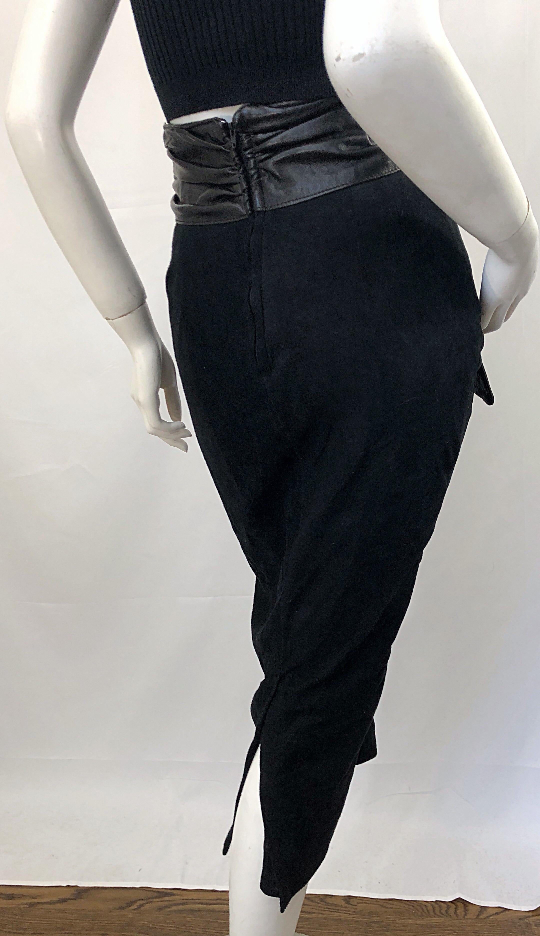 1990s Vakko Black Suede + Leather Size 4 High Waisted Vintage 90s Midi Skirt 1