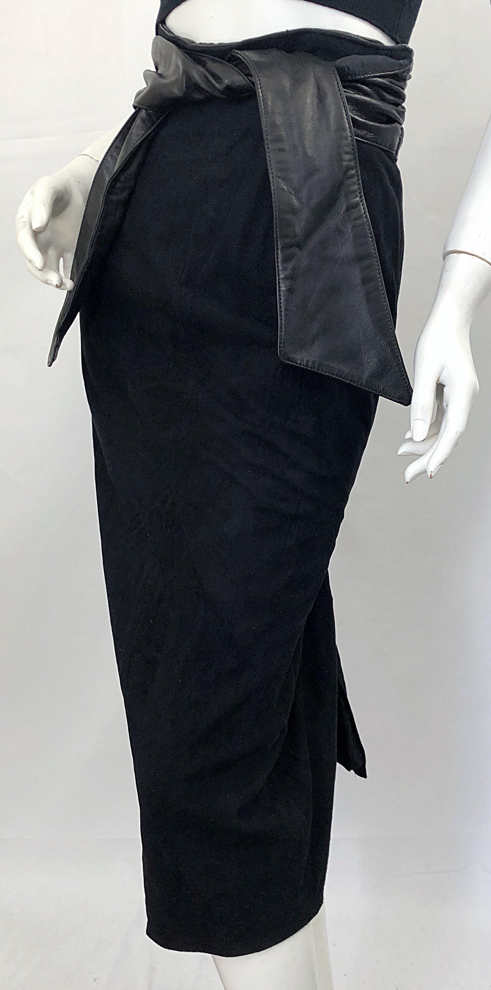 1990s Vakko Black Suede + Leather Size 4 High Waisted Vintage 90s Midi Skirt 2